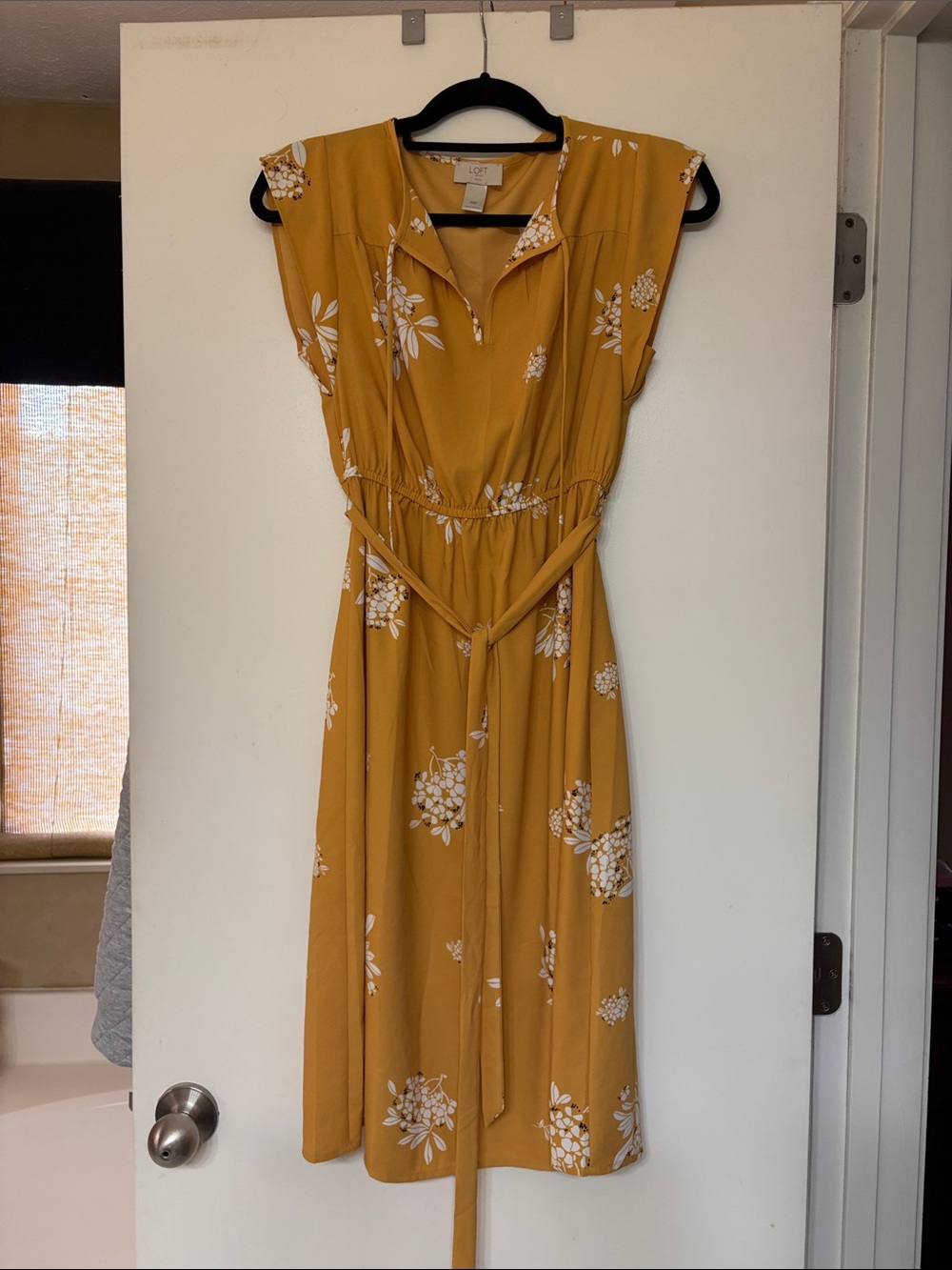 LOFT Mustard Yellow Floral Midi Dress with Tie Waist